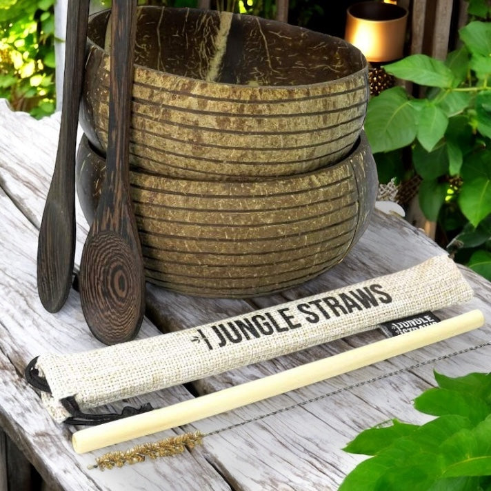 Coconut Bowls - Eco Coconut Shell Bowl Set (Two Bowls) - Striped